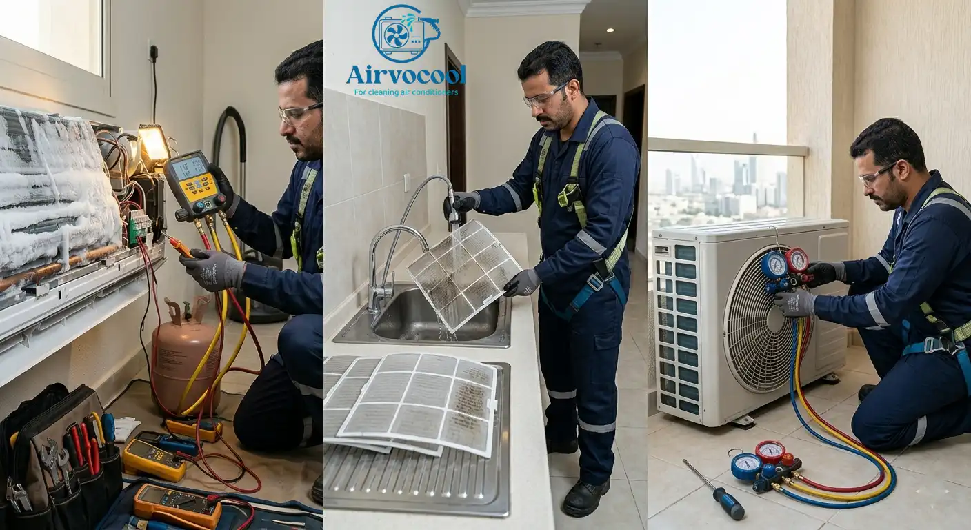 فحص فريون المكيف وتنظيف الفلاتر واختبار ضغط الضاغط